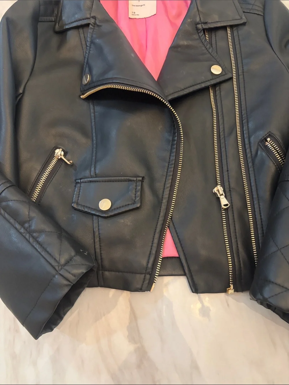 SO Black Faux Leather Biker Jacket with Pink Lining